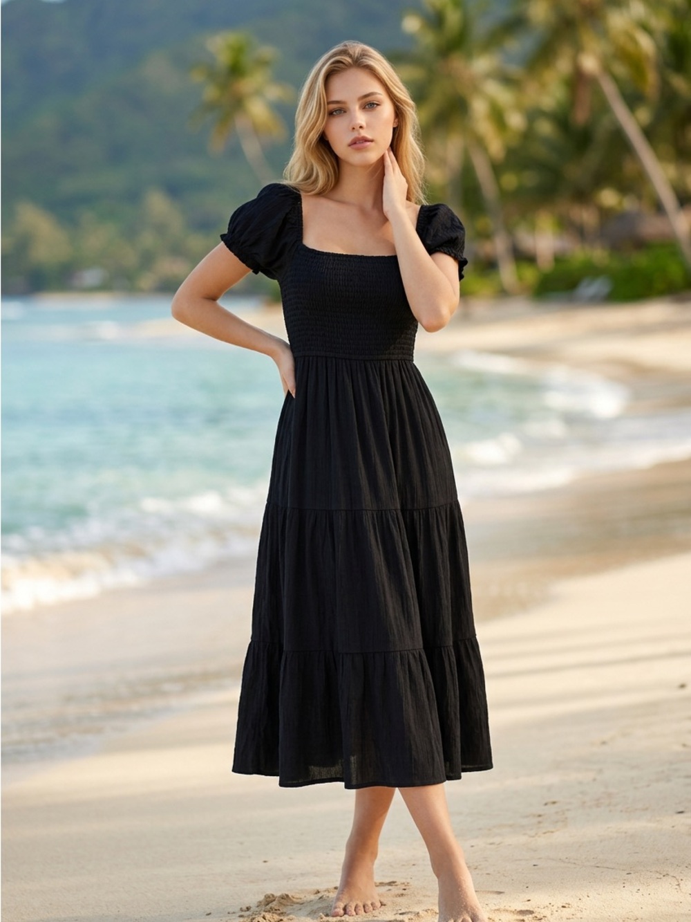 Aeropostale Black Puff-Sleeve Smocked Midi Dress